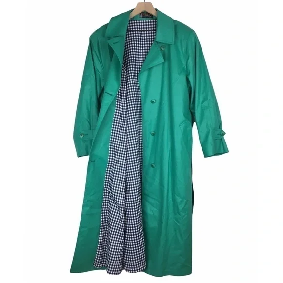 LONDON FOG Trench Coat Classic Gingham Lining Green Navy Petite Plus Size 14P - Picture 5 of 10